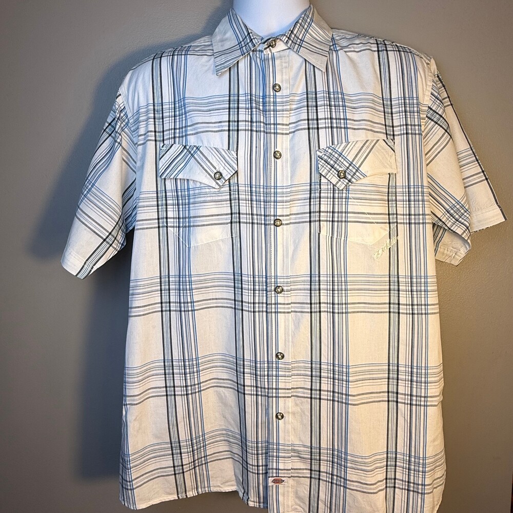 Dickies Plaid Pearl Snap Western Shirt Men's Medium Blue White Short Sleeve
